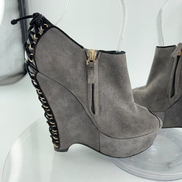 Saint Laurent Madge Suede Wedge Boots Women's Size 36 6 Gray Platform Lace Up - Picture 10 of 16